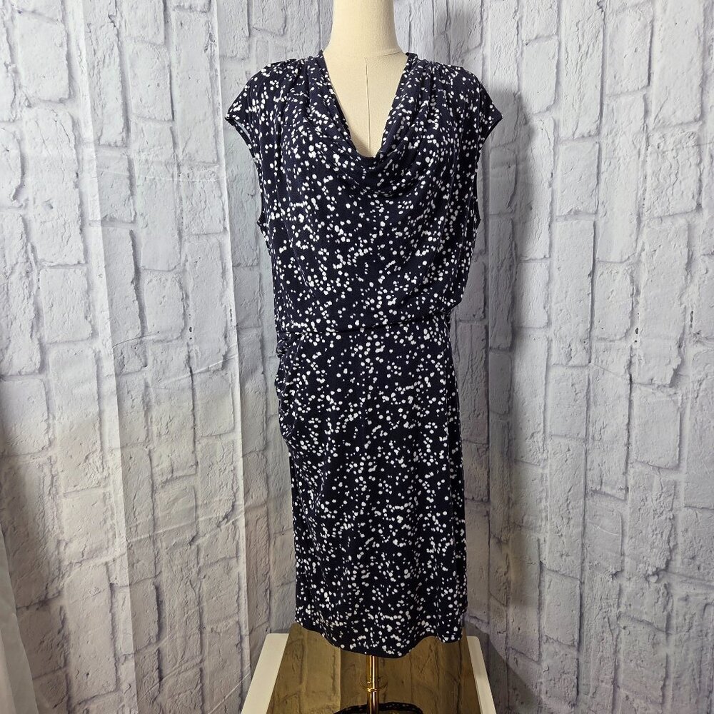 Michael Kors Large Black White Splatter Polka Dot Cowl Neck Cap Sleeve Dress